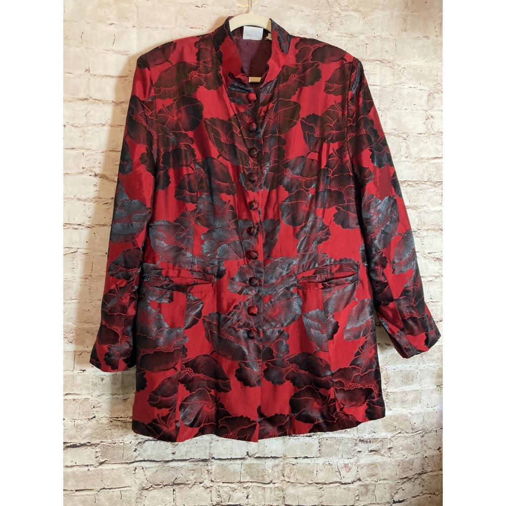 Newport News Styleworks Jacket 16 Red Black Satin‎ Floral Button Front Long Line